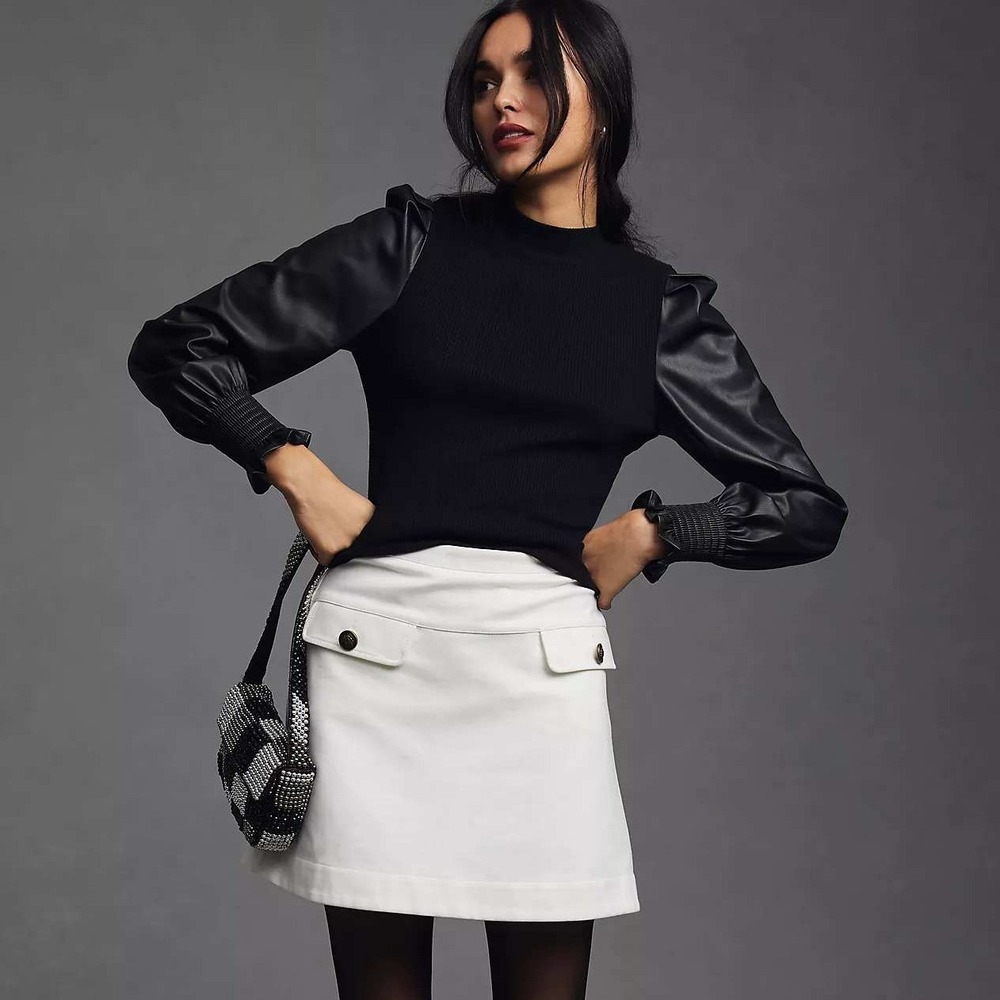 Dolan Mixed Media Black Ribbed Top Faux Leather Puff Sleeves Small